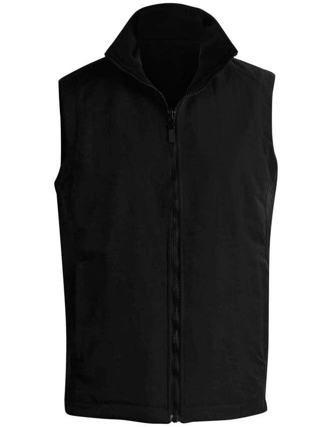 A black unisex reversible vest with a high collar and front zip closure. It features a logo on the design.