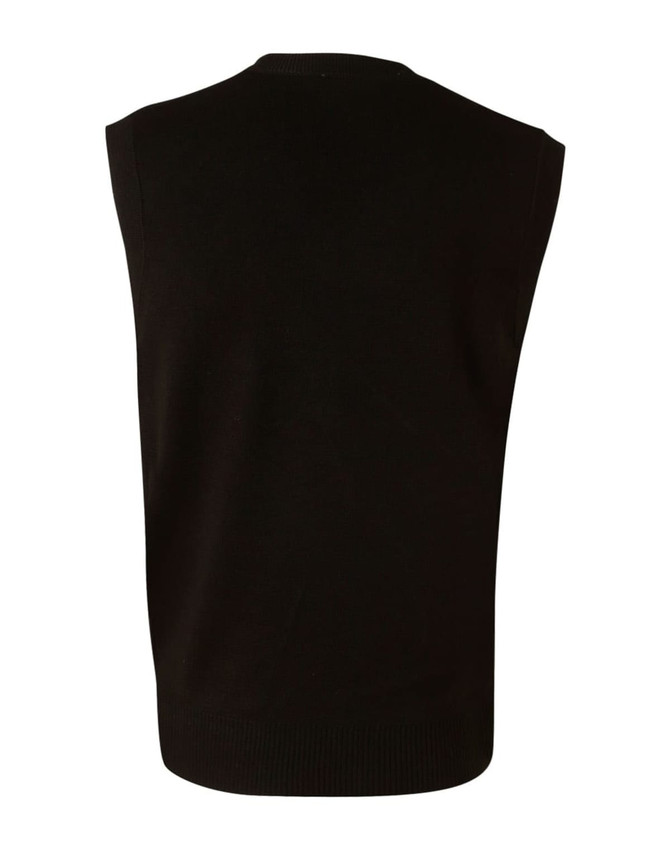 A black V neck wool and acrylic knit vest with a sleeveless design and ribbed hem.