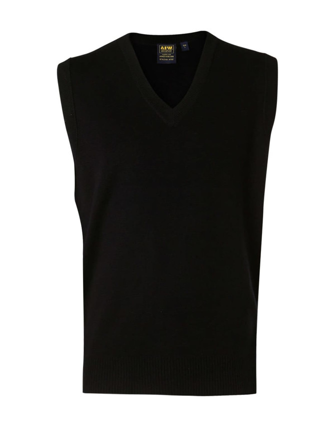 A black V-neck wool and acrylic knit vest with a sleeveless design and a logo label.