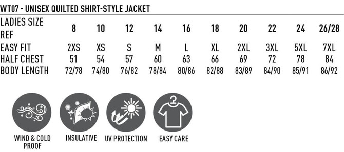 A unisex quilted flannel shirt-style jacket in various sizes, showcasing a windproof and insulative design.