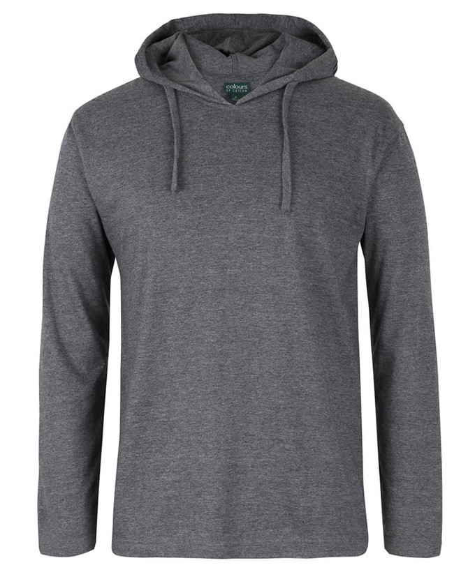A grey long-sleeved hooded tee with a front pocket and a branding logo on the tag.