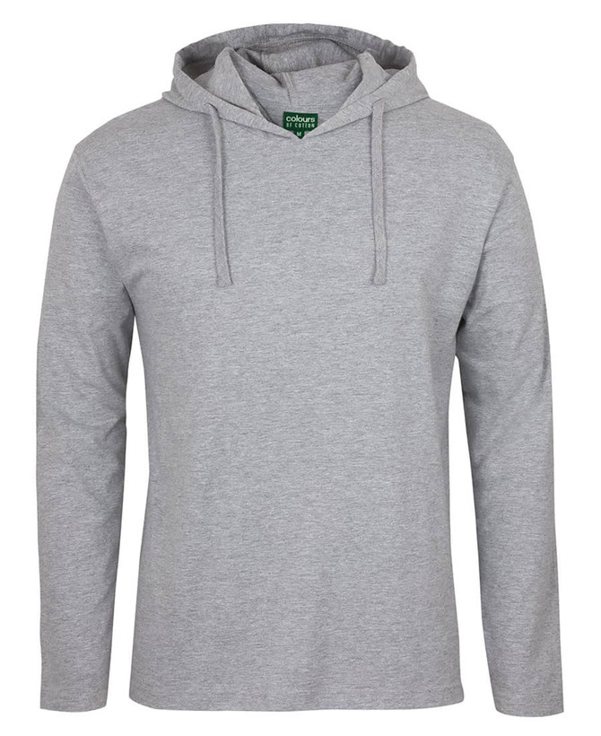 A grey long-sleeve hooded tee featuring a logo, designed as a casual jumper.