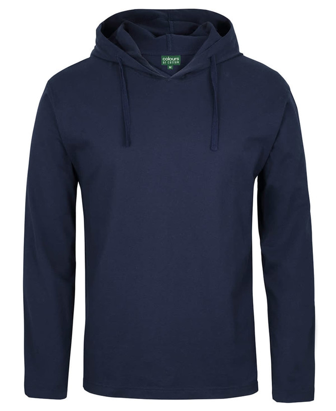 A navy long-sleeved hooded tee with a front pocket and a hood, featuring a logo on the tag.