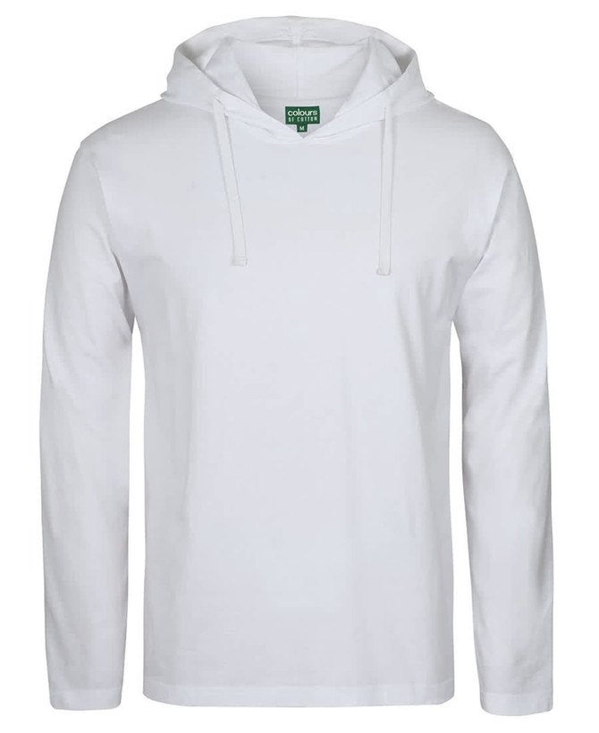 A white long-sleeve hooded tee featuring a front pocket and a hood. It has a logo on the label.