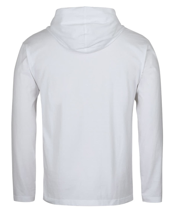 A white long-sleeved hooded tee featuring a simple design and a hood. The back is plain with no visible logos.