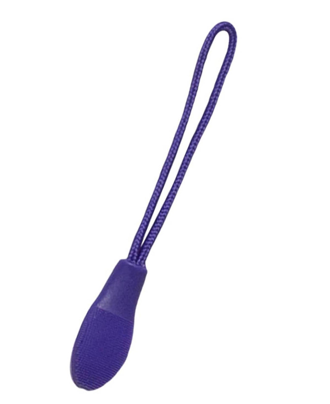A purple zip puller with a looped cord, designed as a clothing accessory. It has a textured surface for grip.