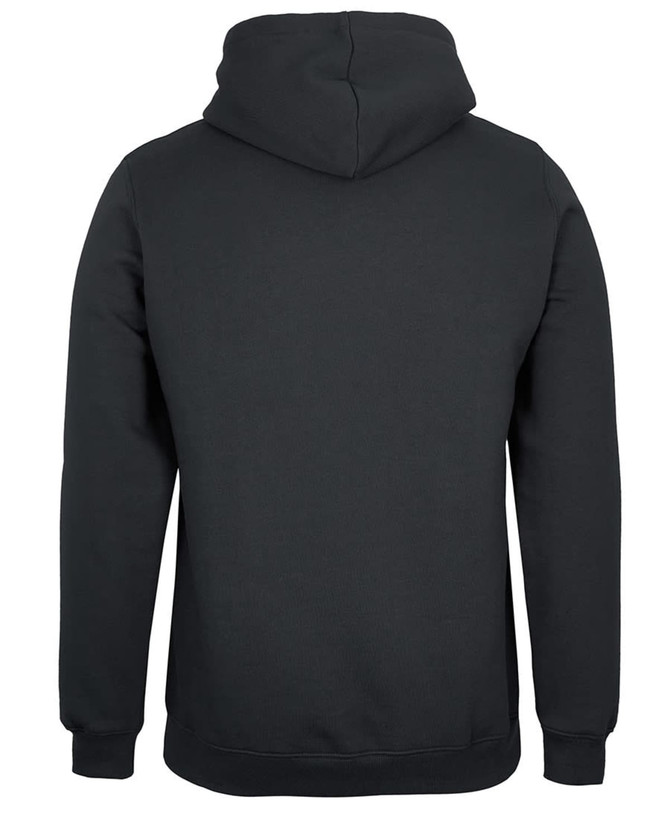 A black hoodie with a hood, featuring a clean, minimalist design and a logo at the back.