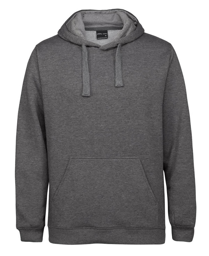 A grey hoodie featuring a front pocket and drawstring hood, with a logo on the chest area.