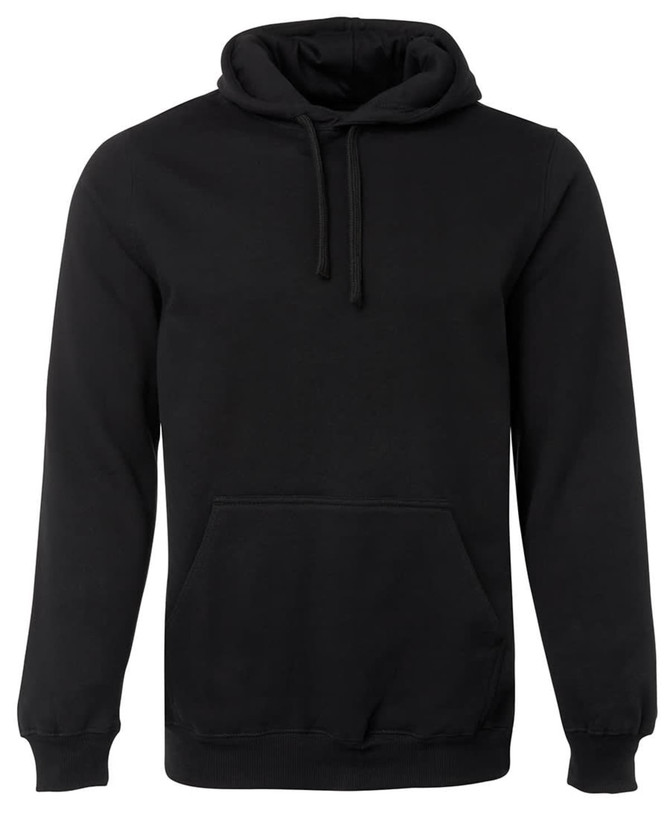 A black hoodie featuring a front pocket and drawstring hood, with a logo present.
