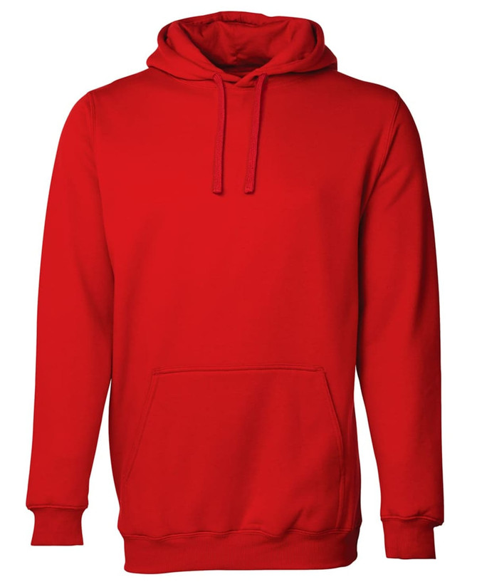 A red hoodie featuring a kangaroo pocket and a classic pullover design, complete with a hood.