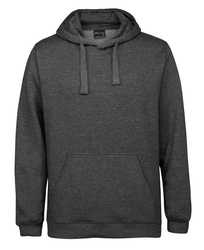 A grey hoodie with a front pocket and drawstring hood. It features a logo on the chest area.