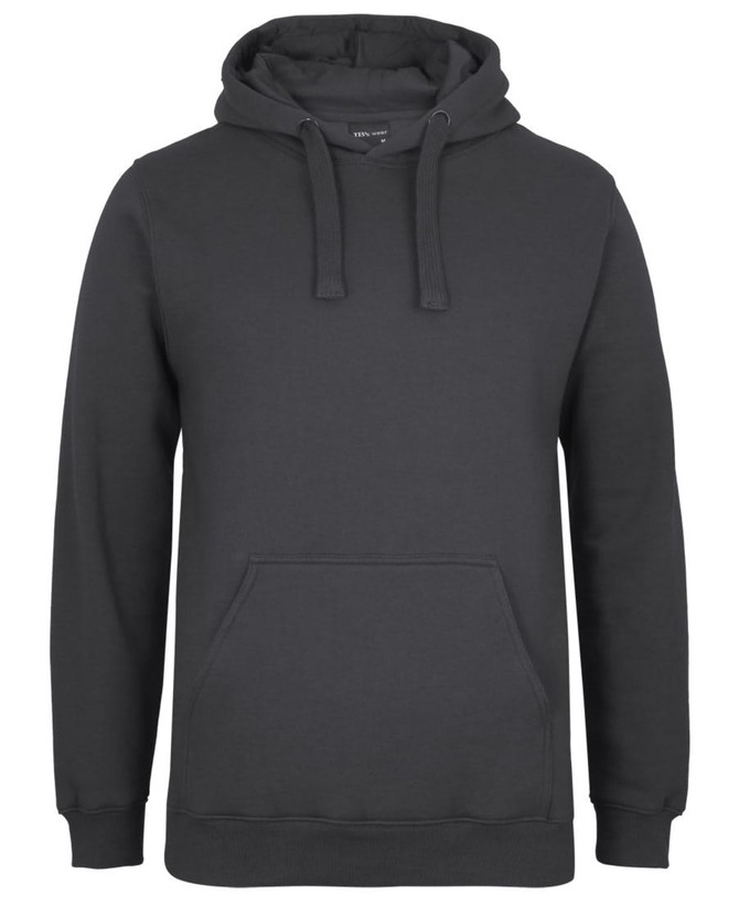 A dark grey hoodie featuring a kangaroo pocket and a hood, with a simple design and no visible logos.