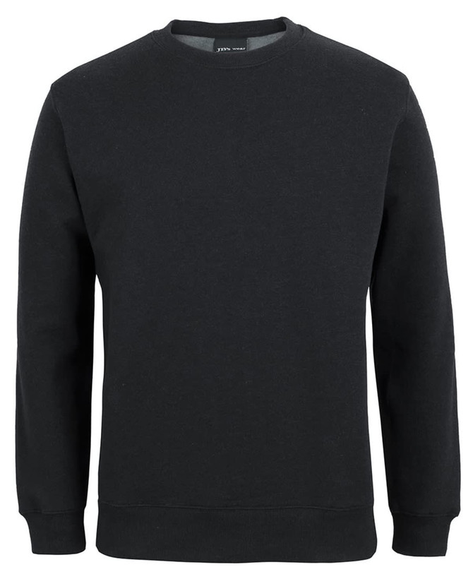 A black jumper with a crew neck and long sleeves. It features a solid design and includes a branding logo.