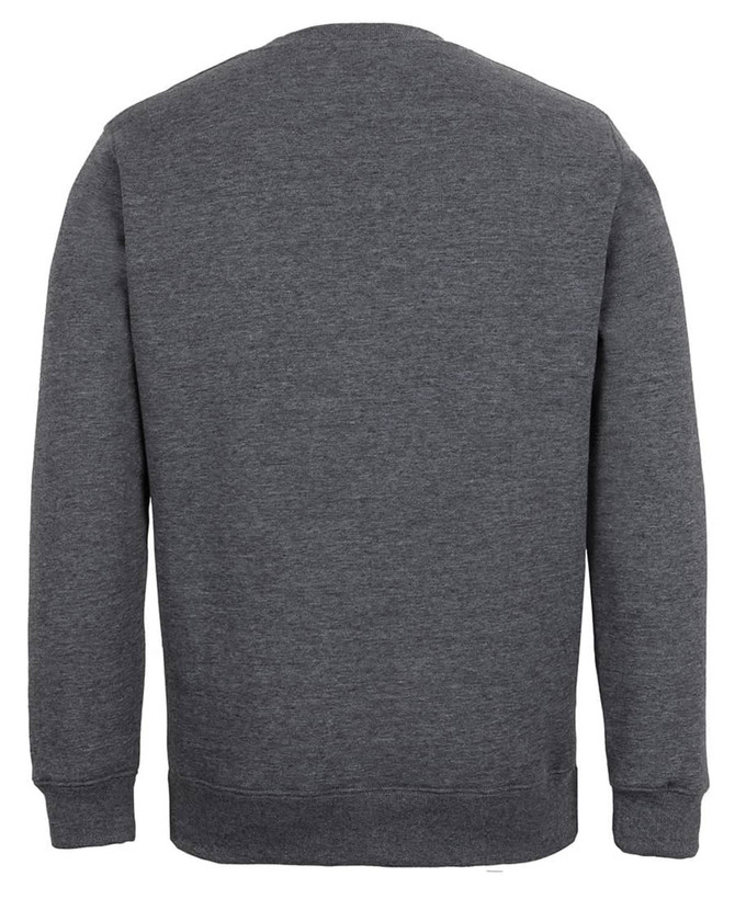 A grey jumper featuring a simple design, with long sleeves and ribbed cuffs. It has a brand logo on the inside label.