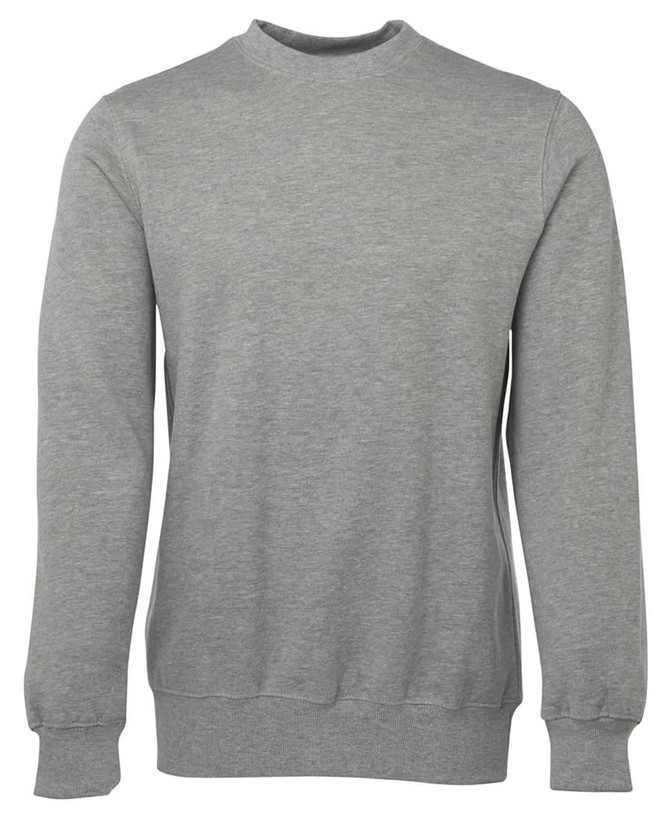 A grey sweater with a round neckline and long sleeves. The product features a branding logo.