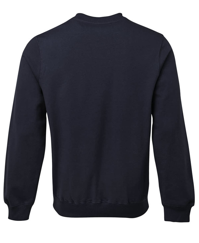 A navy blue jumper with a crew neck and long sleeves. The back view is displayed. It has a logo.