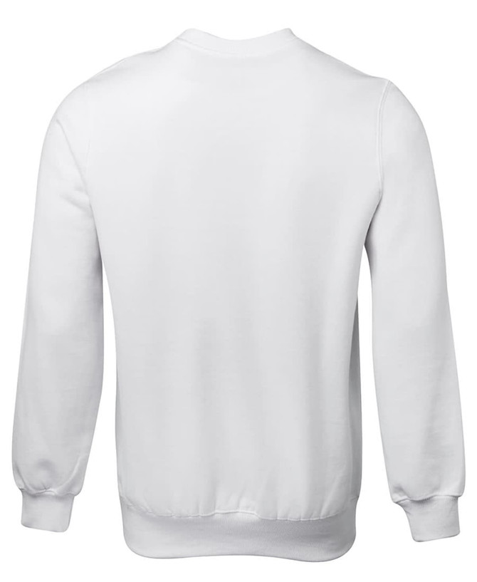 A white jumper with long sleeves and a ribbed hem, featuring a plain back design.