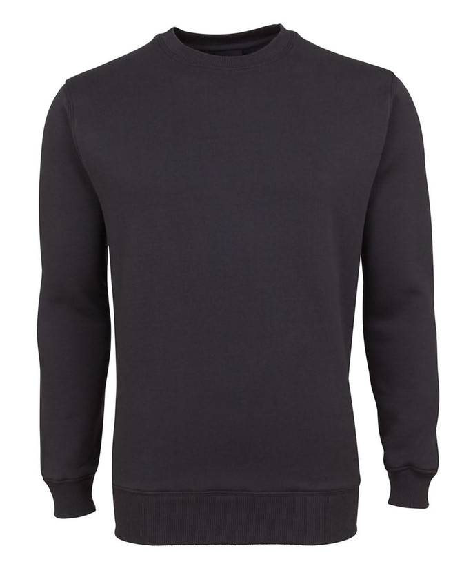 A black jumper with long sleeves and a round neckline, featuring a plain design and a logo.