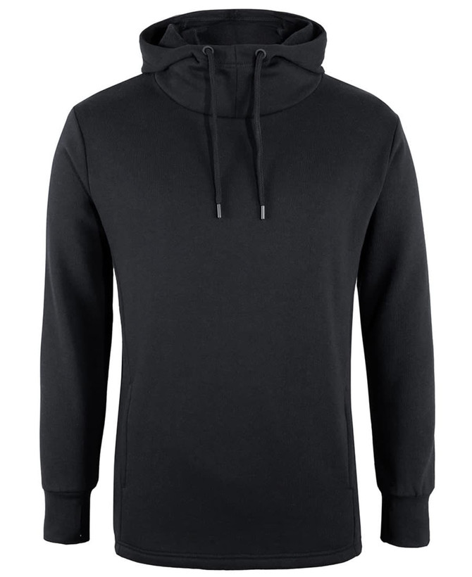 A black hoodie featuring a drawstring hood and a minimalist design, with a logo on the front.