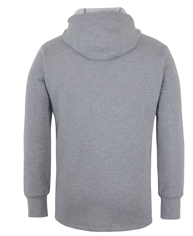 A grey hoodie featuring a hood and long sleeves, presented from the back. It has a branding logo.