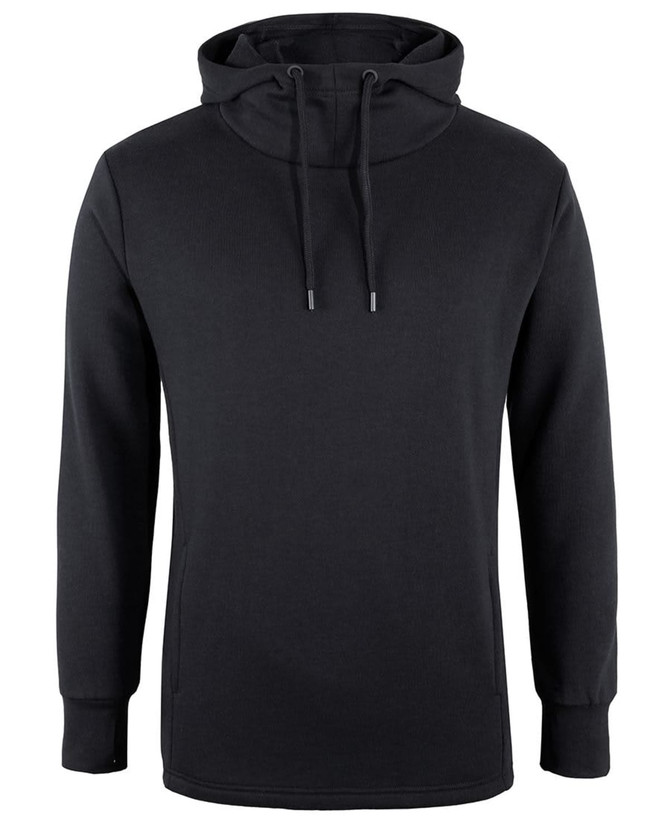 A black hoodie with a drawstring hood, featuring a sleek design and a subtle logo.