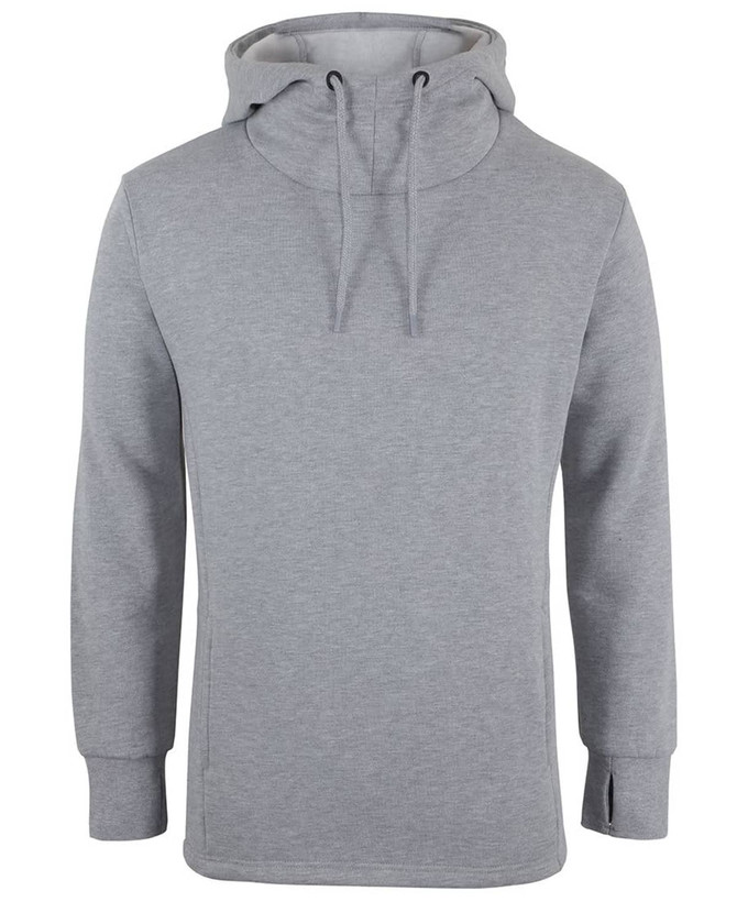 A grey sports hoodie featuring a hood and drawstrings, with long sleeves and side slits. It has a logo.