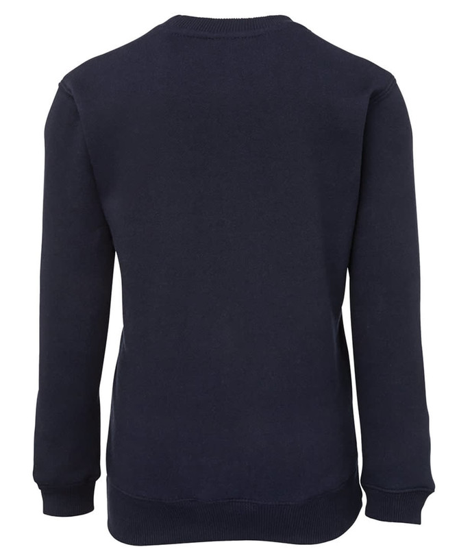 A navy fleecy sweatshirt featuring long sleeves and a plain back view. Includes a logo detail on the garment.