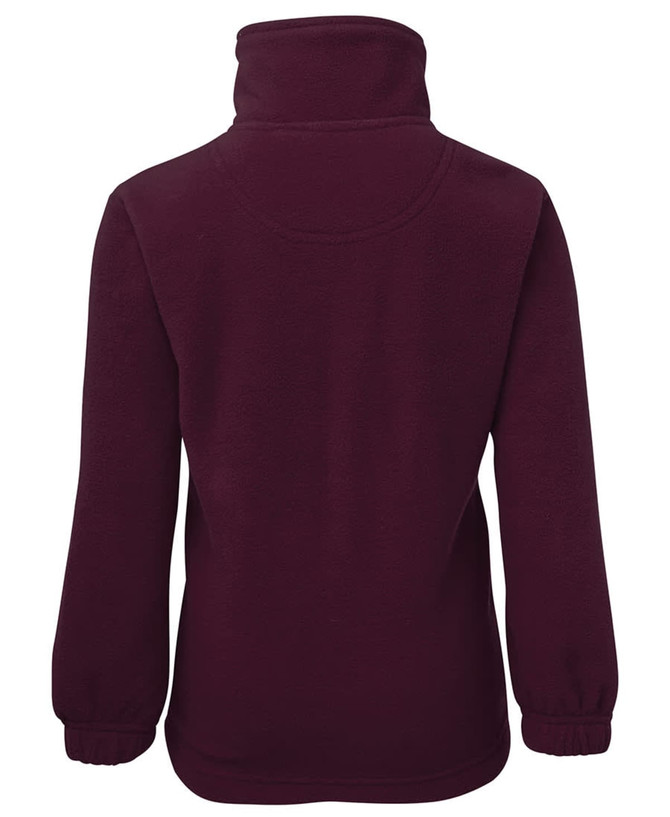 A maroon polar fleece jacket with a high collar and elasticated cuffs, featuring a branded logo.