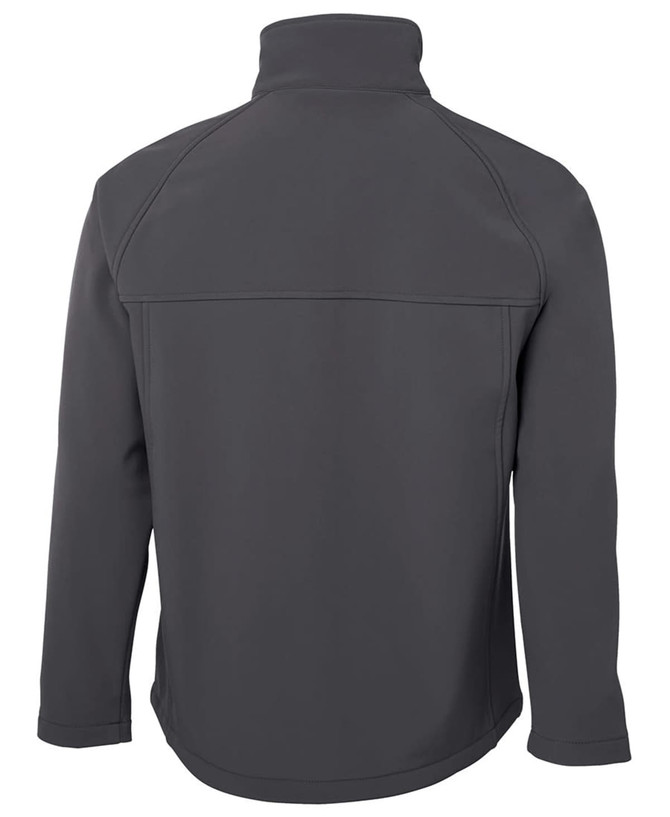 A soft shell jacket in dark grey, featuring a high collar and smooth fabric. The back view showcases its sleek design.