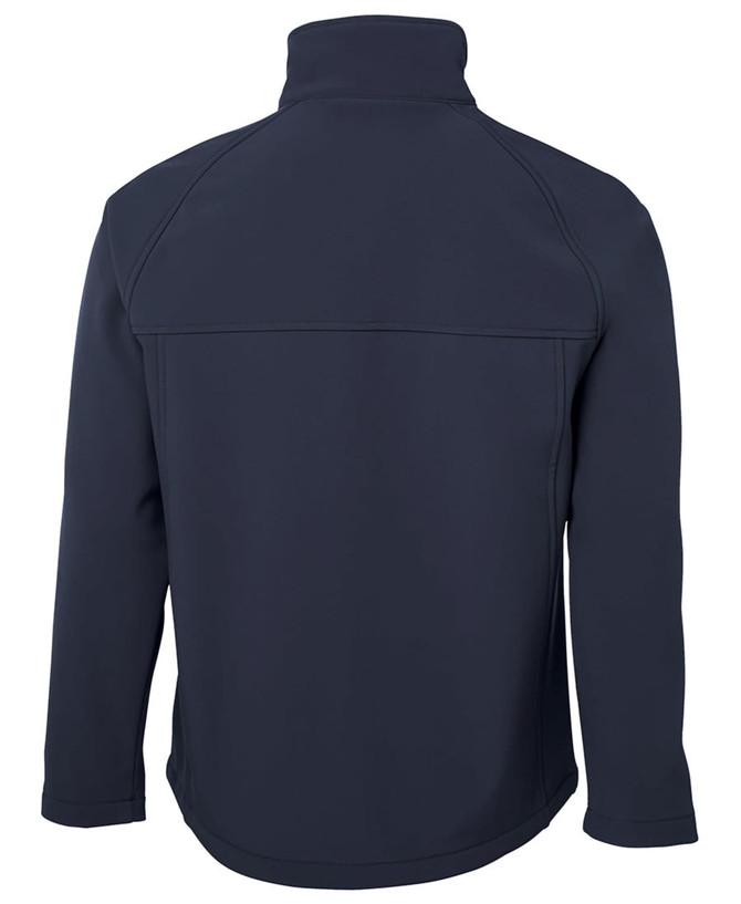 A soft shell jacket in navy blue with a collar and a smooth, fitted design, featuring a logo on the back.