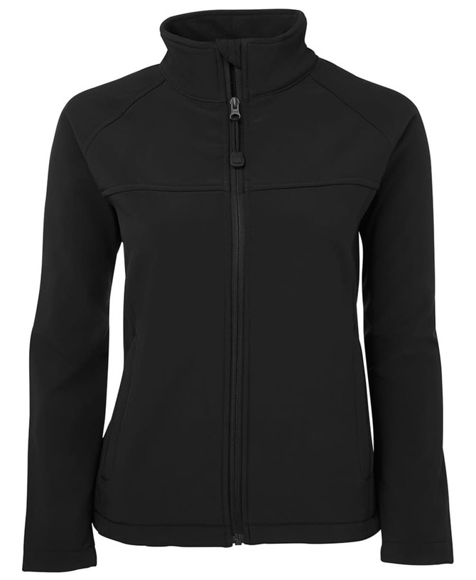 A black softshell jacket with a zip front and a stand-up collar, featuring a logo on the chest.