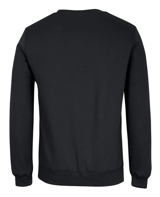 A black jumper with a classic crew neck and long sleeves, featuring a plain back and a branded logo.