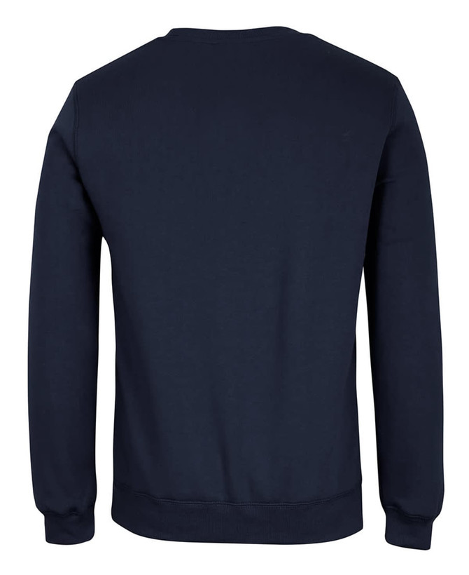 A navy jumper with long sleeves and a crew neckline, featuring a plain back. It includes a logo.