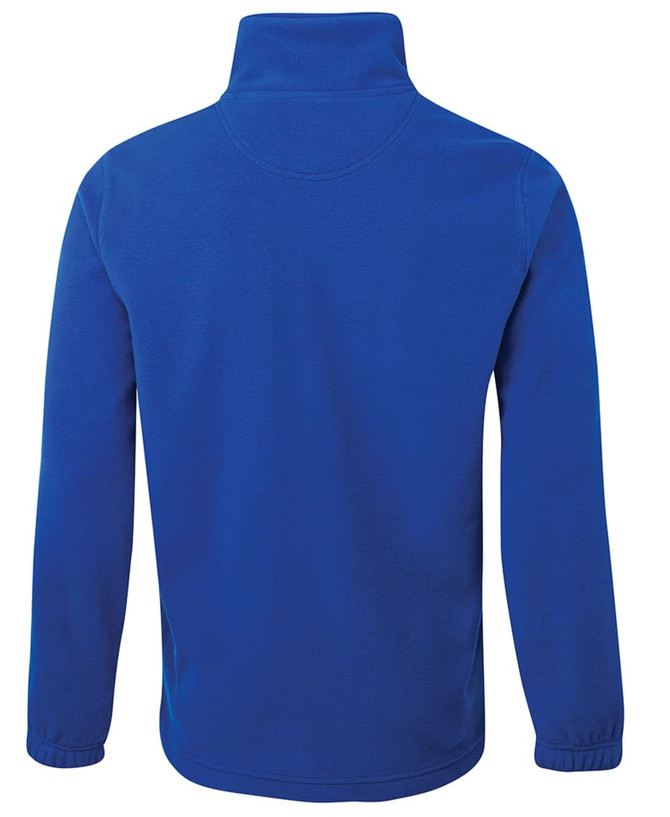 A blue polar fleece jumper with long sleeves and a half zip at the neck. It features a logo on the fabric.