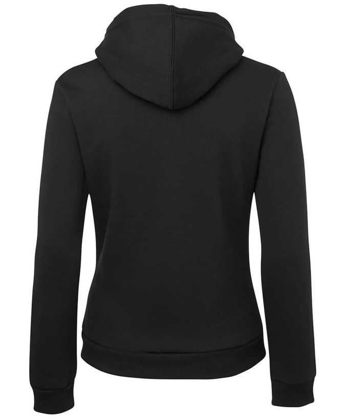 A black full zip hoodie featuring a hood and a fitted design, with a brand logo on the back.