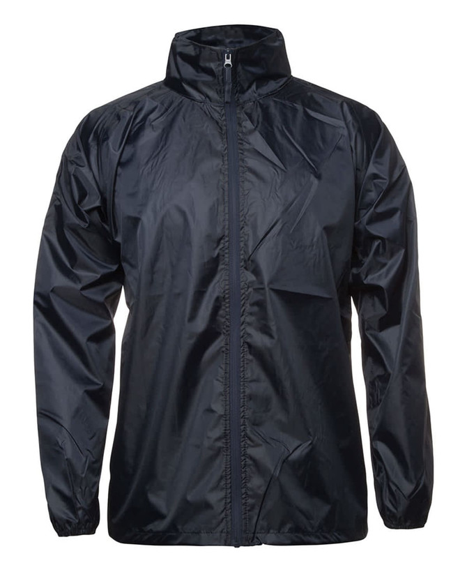 A black rain jacket with a zip front and a stand-up collar, featuring a logo.