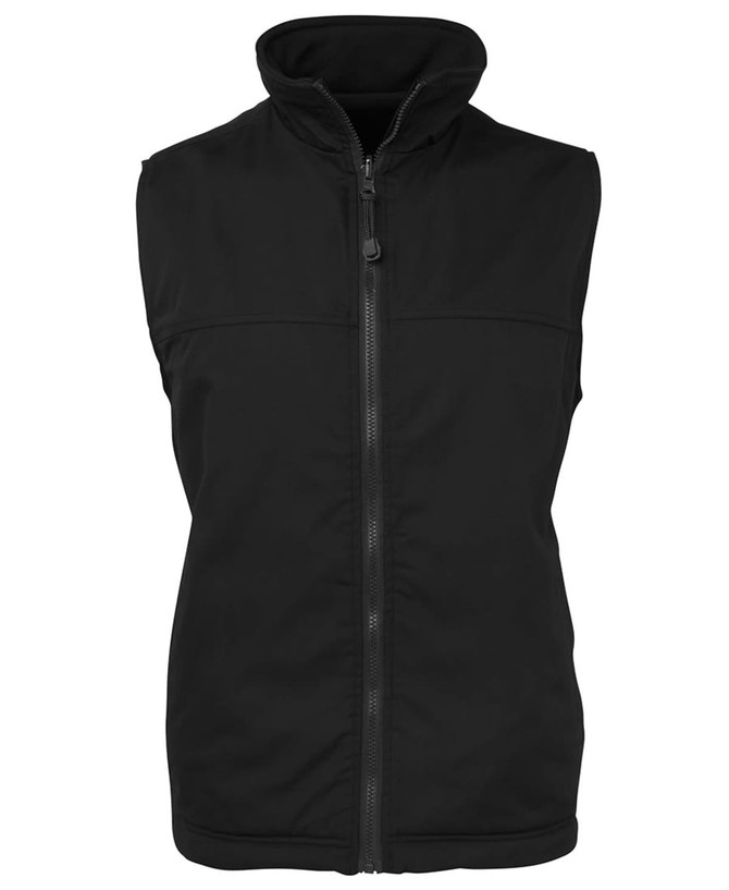 A black reversible vest with a high collar and front zipper, featuring a branding logo.