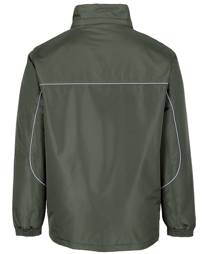 A green rain jacket with elastic cuffs and a branding logo on the back, featuring a simple design.