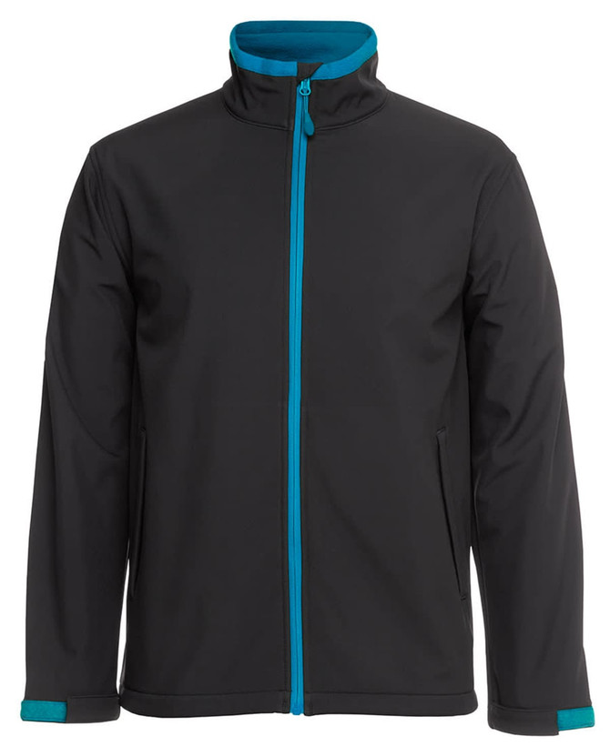 A soft shell jacket in black with blue accents and a full zip front. It features side pockets and a collar.