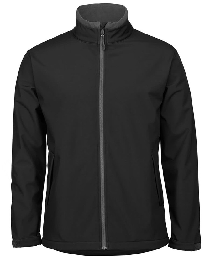 A black soft shell jacket featuring a zip-up front and side pockets, with a grey interior and a logo present.