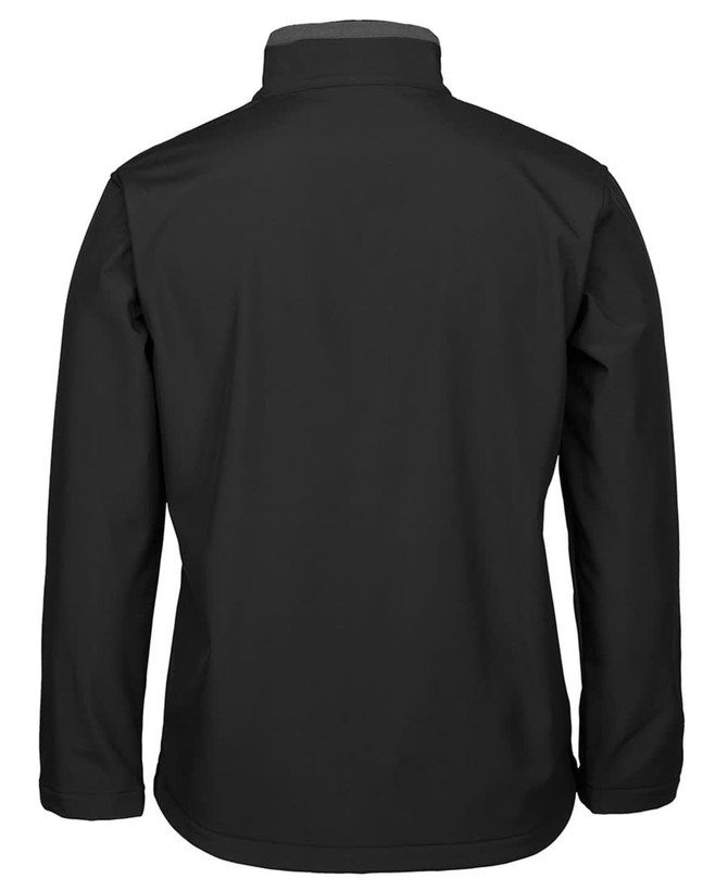 A black soft shell jacket with a high collar, featuring a back view and a simple, sleek design.