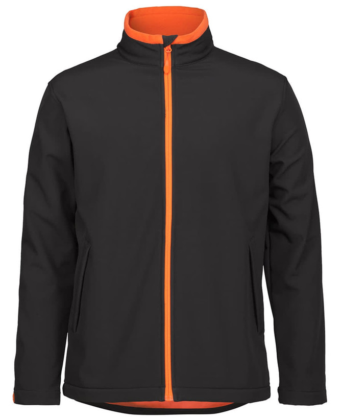 A black soft shell jacket with an orange interior and contrasting zipper, featuring a logo on the front.