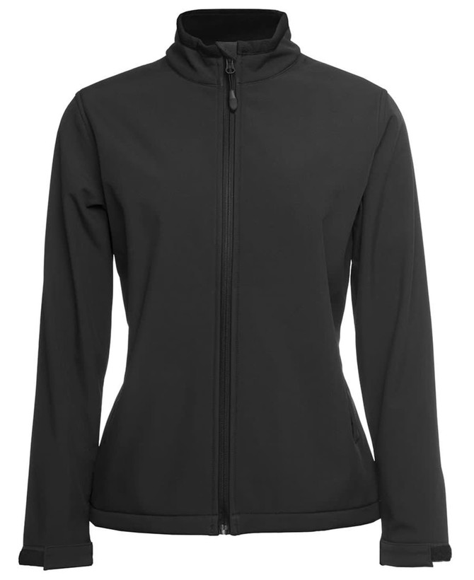 A black three-layer softshell jacket with a zip front and a high collar. It features branding on the fabric.