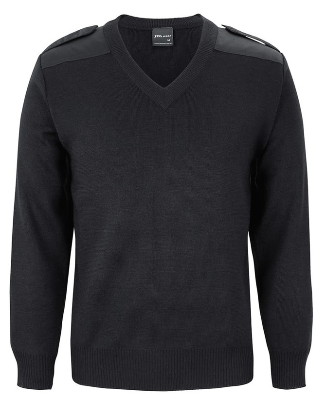 A black knitted jumper featuring a V-neck and epaulettes on the shoulders. It includes a logo on the label.