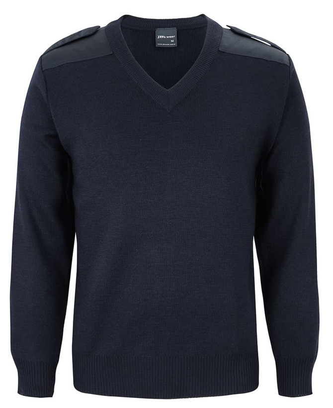 A navy knitted jumper with a V-neck and epaulettes on the shoulders. It features long sleeves and a textured knit.