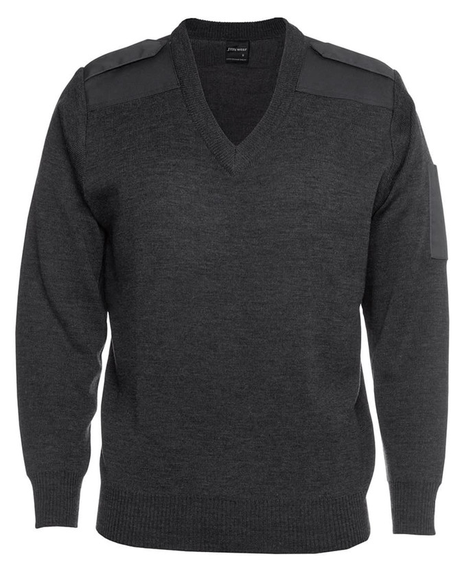 A dark grey knitted jumper with a V-neck, featuring shoulder epaulettes and a sleeve pocket. It has a logo.