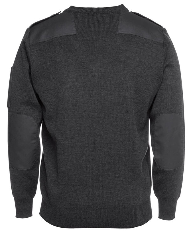A dark grey knitted jumper featuring leather accents on the shoulders and elbow patches, with a back view.