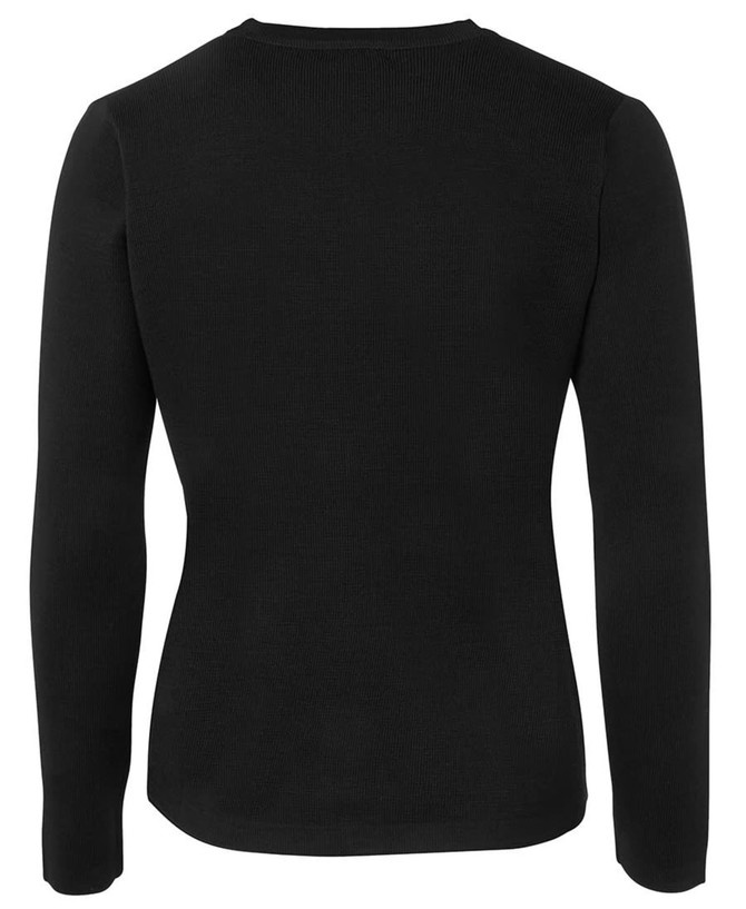 A black ladies' knitted cardigan featuring long sleeves and a round neck, with a logo on the back.