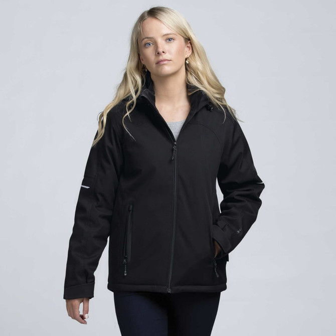 A soft shell jacket in black, featuring a zip front and a logo on the sleeve.