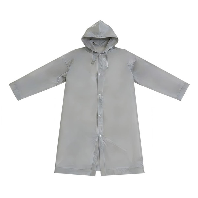 A grey reusable PEVA raincoat with a hood and buttons, featuring a logo on it.